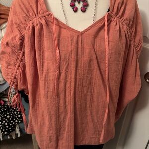 easel Coral Peasant Tunic with Drawstring Detail